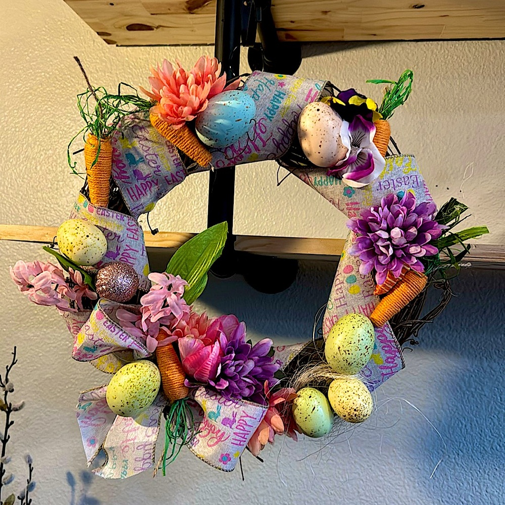 Colorful Easter Wreath with Flowers and Eggs